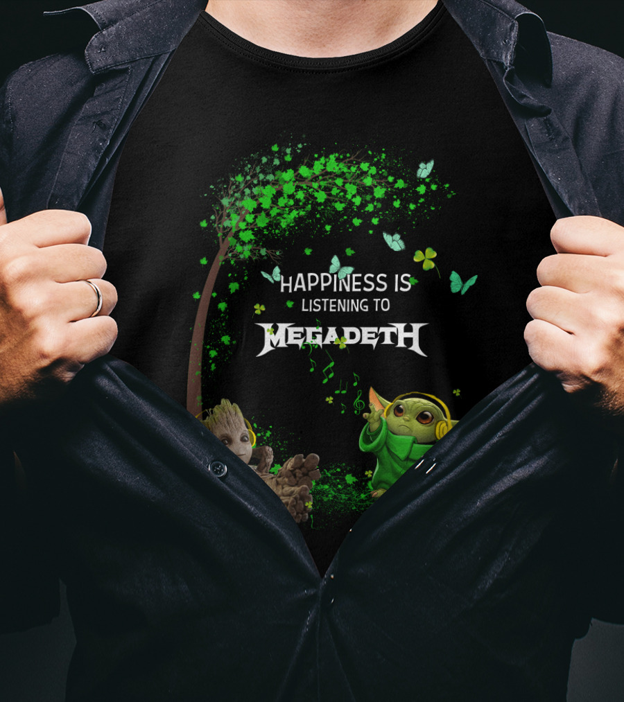 Happiness Is Listening To Megadeth With Characters Under Green Tree With Butterflies And Headphones T-Shirt