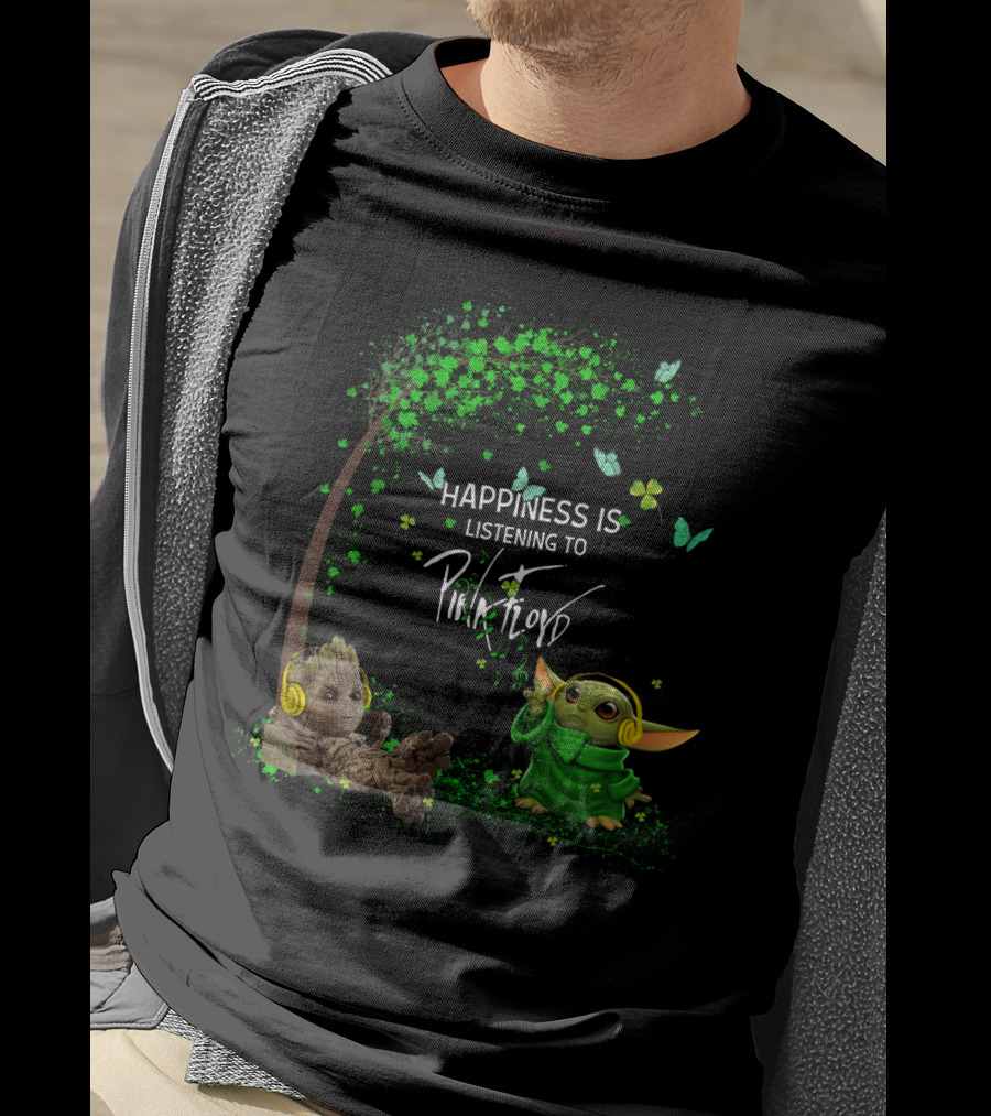 Happiness Is Listening To Pink Floyd With Headphone Characters In Green Fantasy Scene T-Shirt