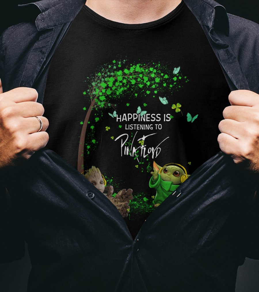 Happiness Is Listening To Pink Floyd With Headphone Characters In Green Fantasy Scene T-Shirt