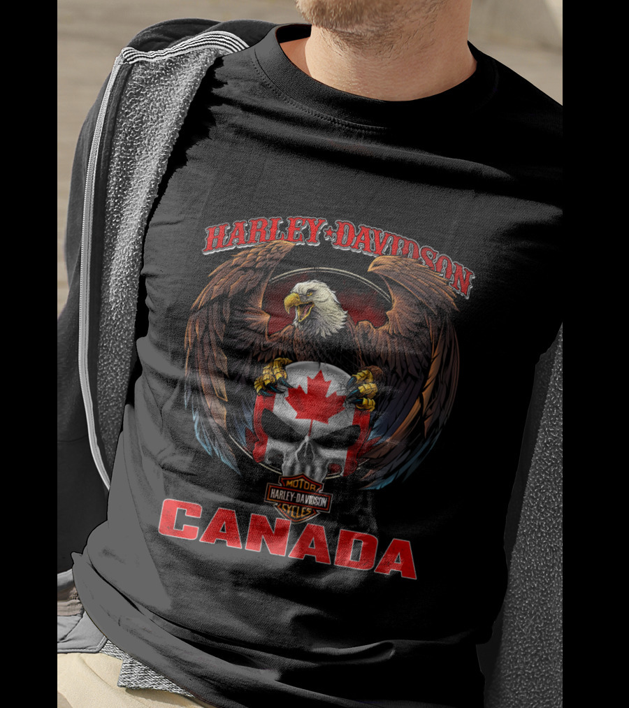 Harley Davidson Canada Eagle Embrace With Maple Leaf Skull And Motorcycles T-Shirt