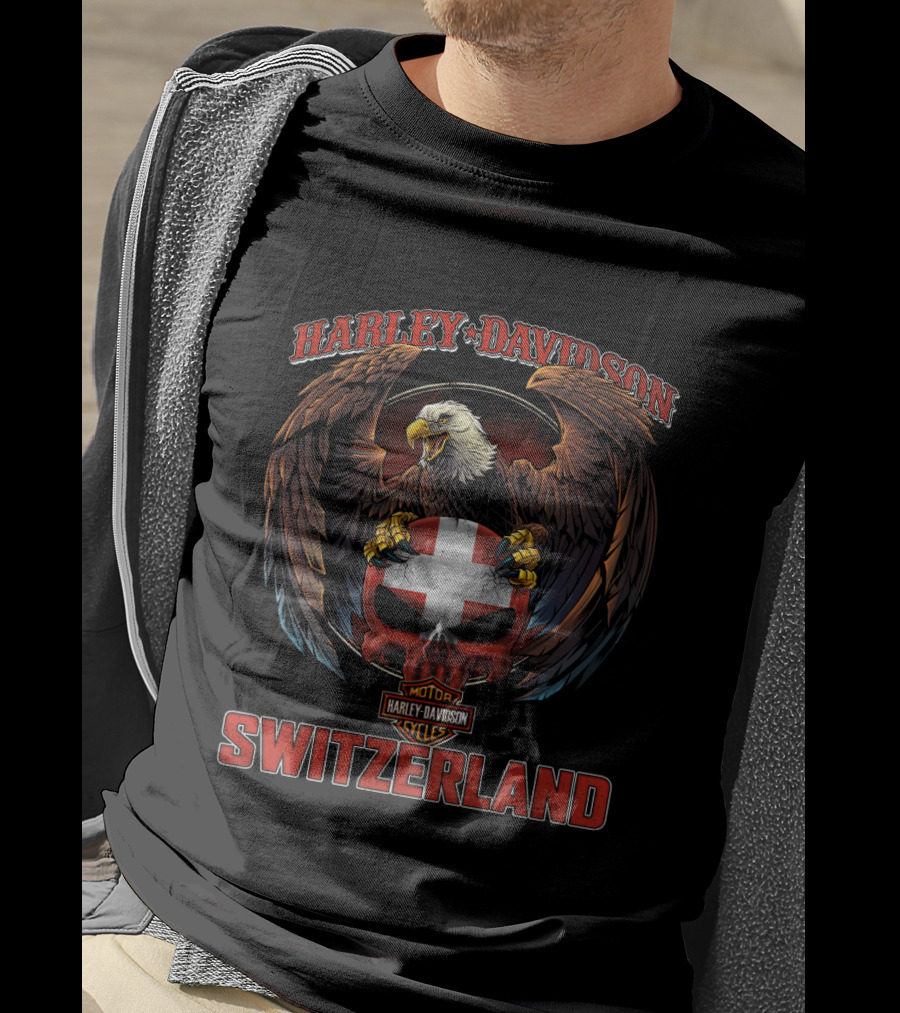 Harley Davidson Eagle Switzerland Logo With Skull And Flag T-Shirt