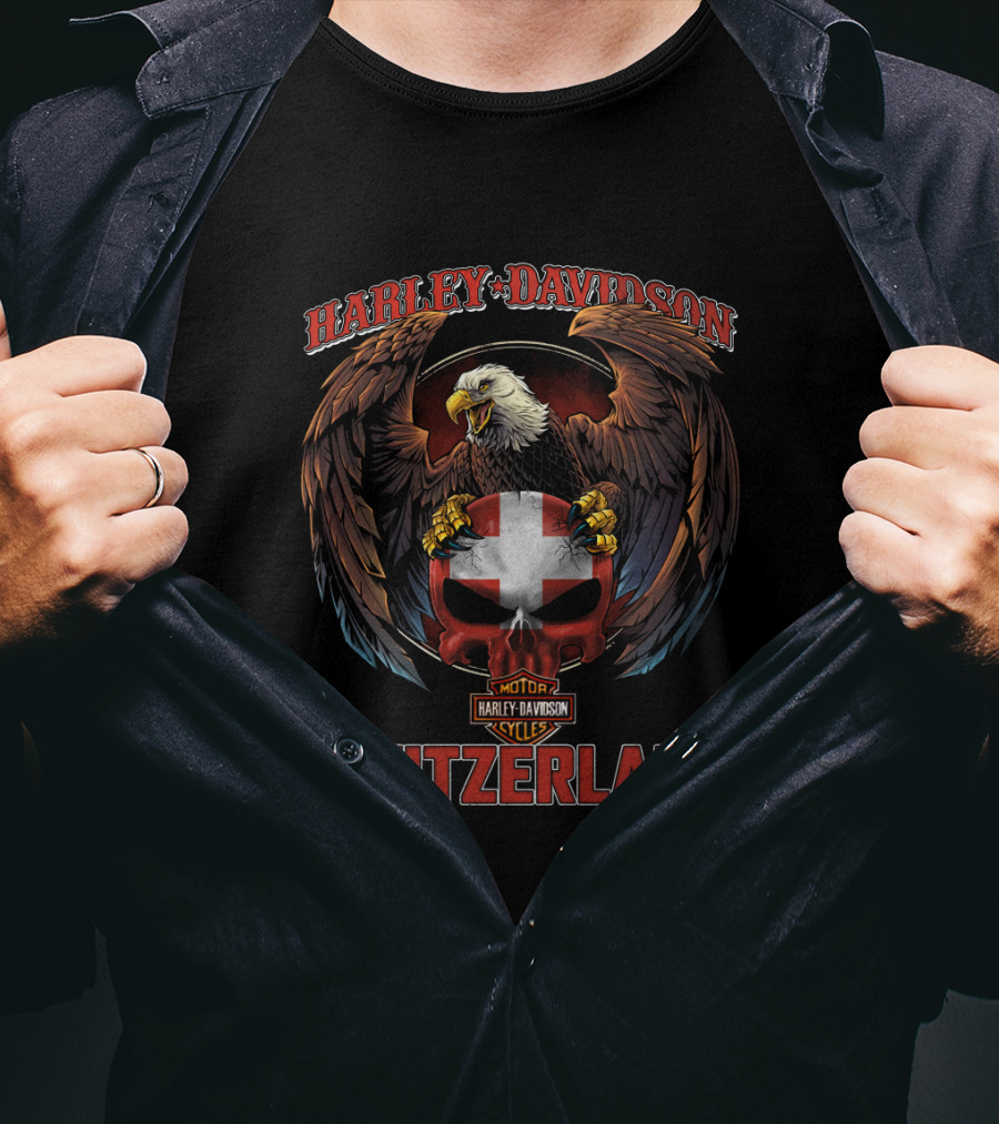 Harley Davidson Eagle Switzerland Logo With Skull And Flag T-Shirt