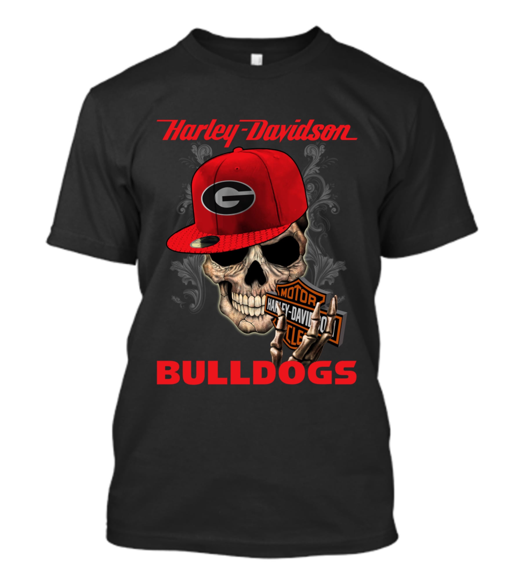 Harley Davidson Skull Wearing Georgia Bulldogs Cap T-Shirt