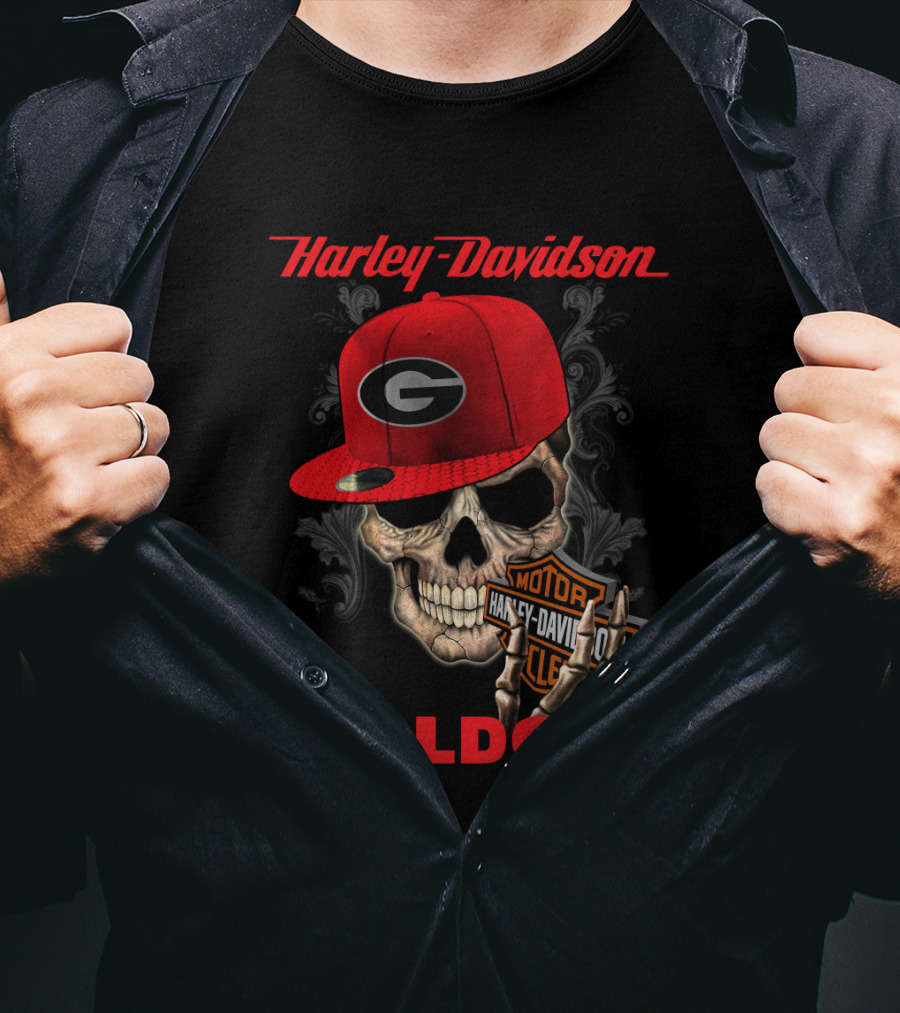 Harley Davidson Skull Wearing Georgia Bulldogs Cap T-Shirt
