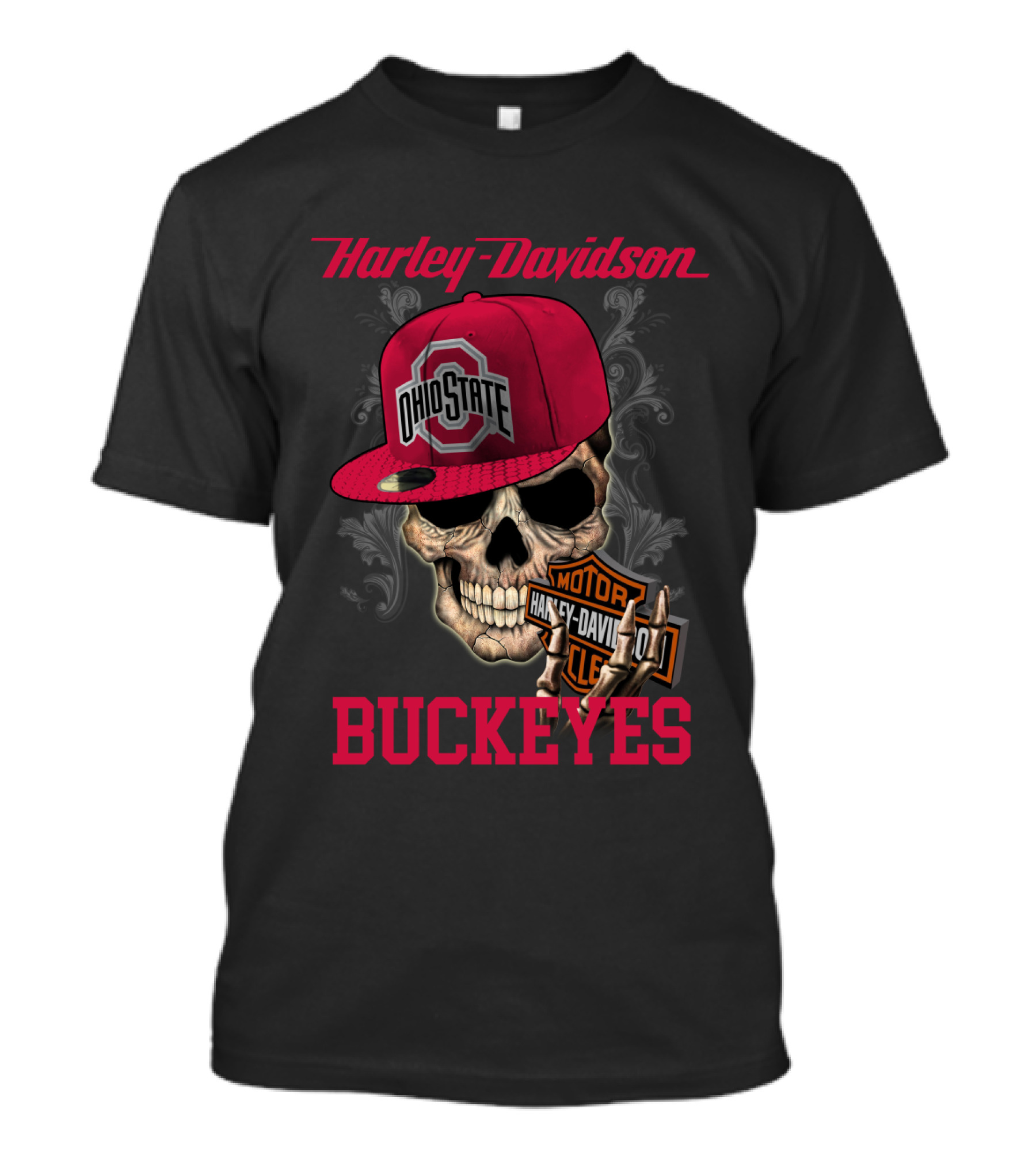 Harley Davidson Skull With Ohio State Buckeyes Cap And Motorcycle Elements T-Shirt