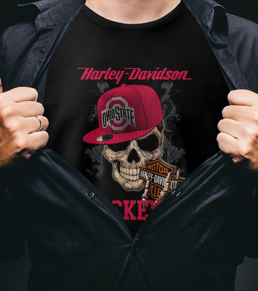 Harley Davidson Skull With Ohio State Buckeyes Cap And Motorcycle Elements T-Shirt