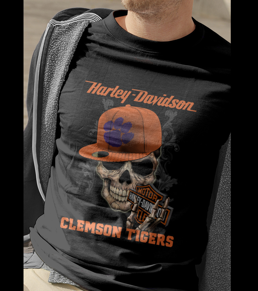 Harley Davidson Skull With Clemson Tigers Paw T-Shirt