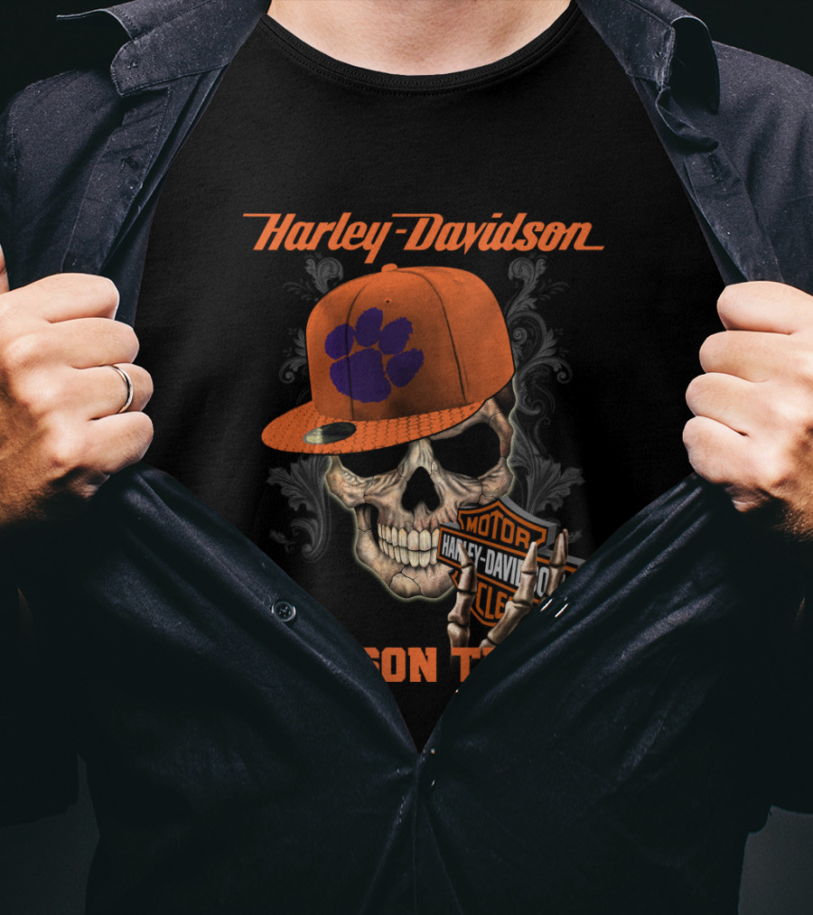 Harley Davidson Skull With Clemson Tigers Paw T-Shirt