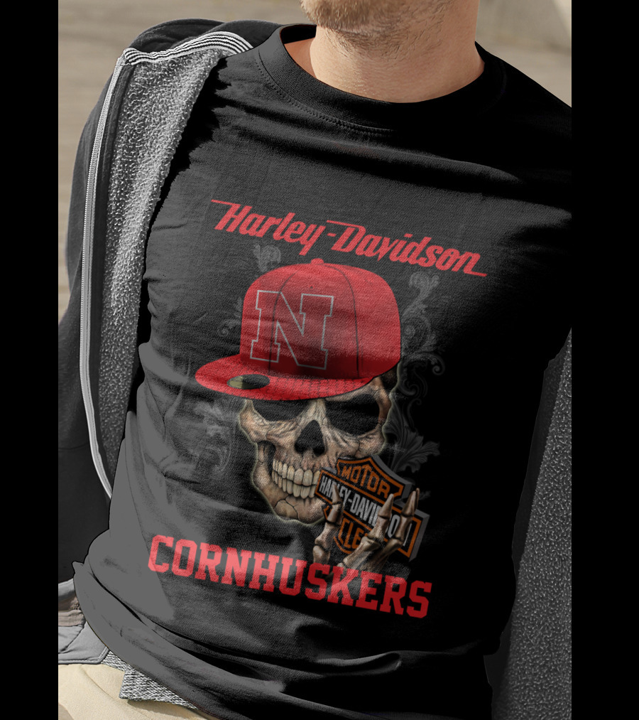 Harley Davidson Nebraska Cornhuskers Skull With Red N Cap T-Shirt