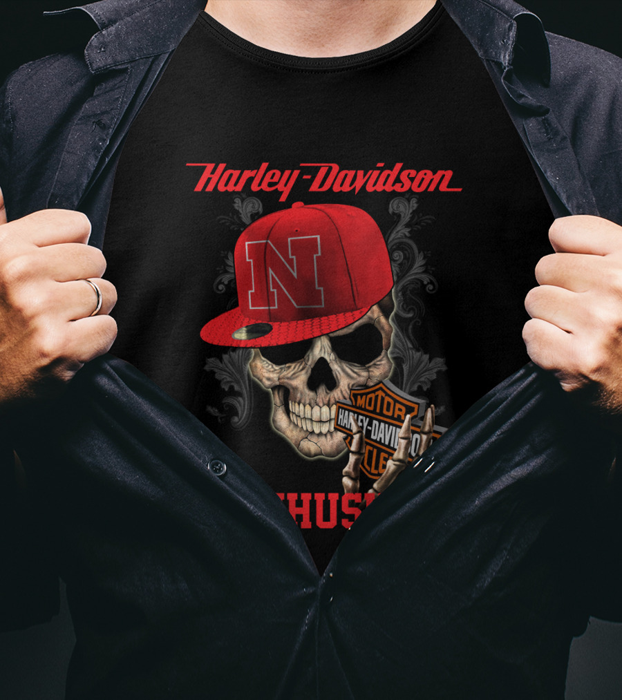 Harley Davidson Nebraska Cornhuskers Skull With Red N Cap T-Shirt