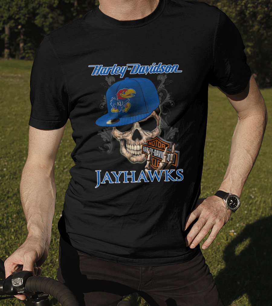 Harley Davidson Skull Kansas Jayhawks Ku Hat T-Shirt
