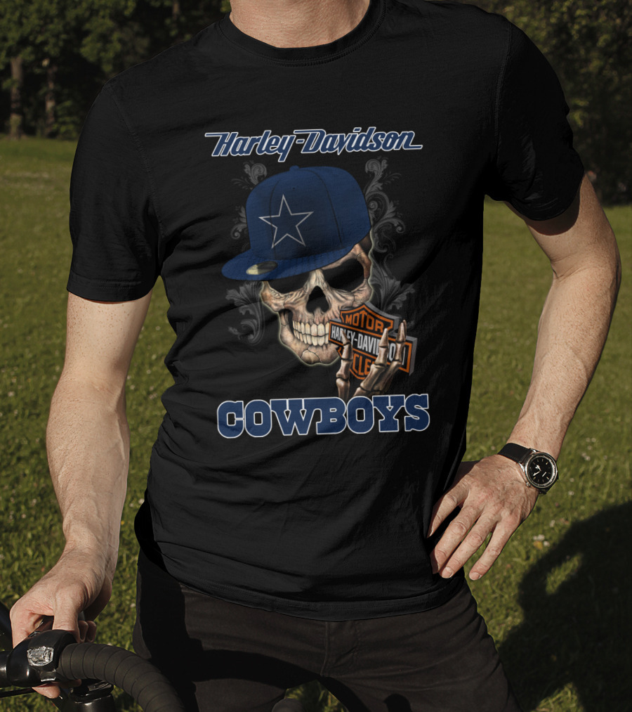 Harley Davidson Skull With Dallas Cowboys Hat And Logo Cowboys T-Shirt