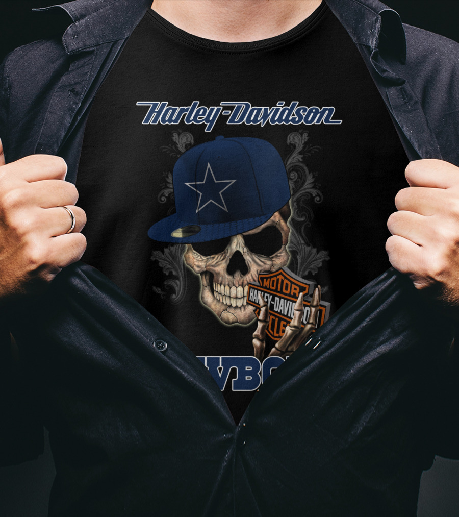 Harley Davidson Skull With Dallas Cowboys Hat And Logo Cowboys T-Shirt
