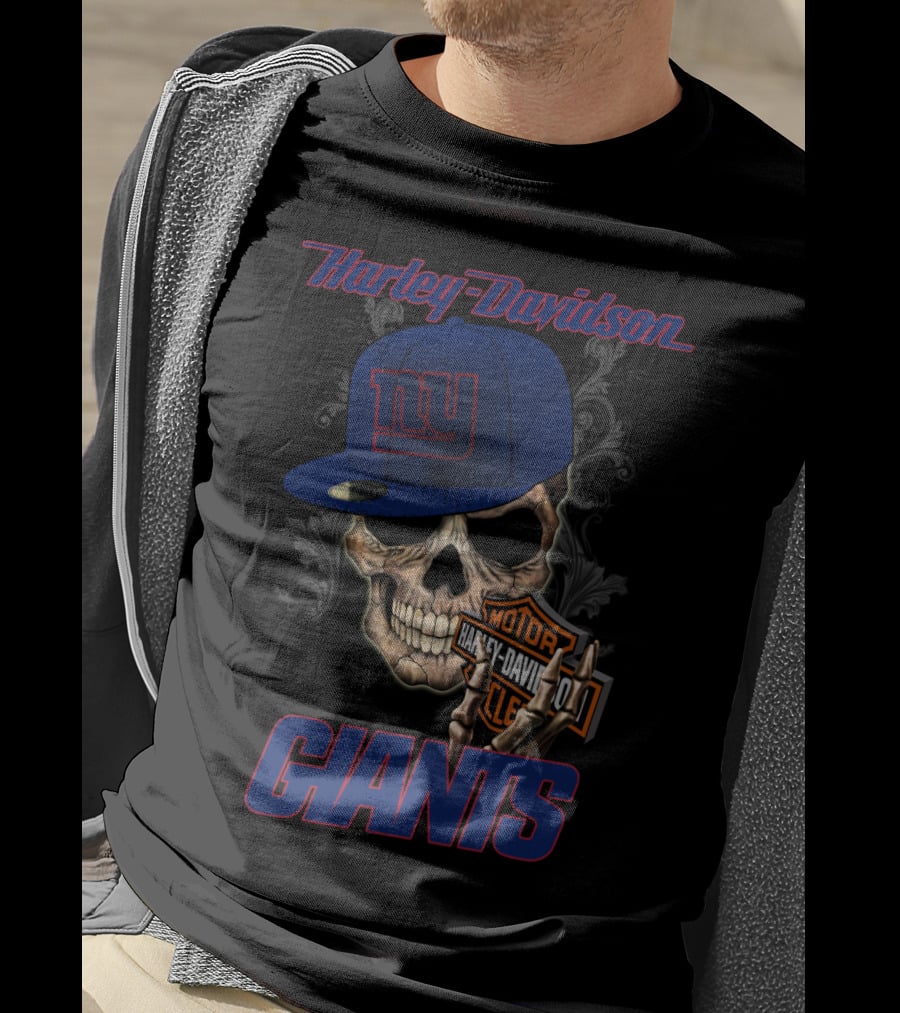 Harley Davidson Giants Skull With New York Giants Cap T-Shirt