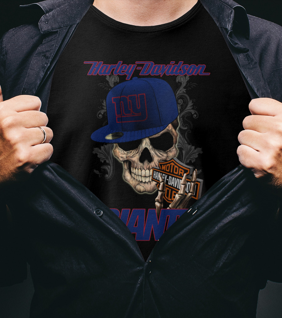 Harley Davidson Giants Skull With New York Giants Cap T-Shirt