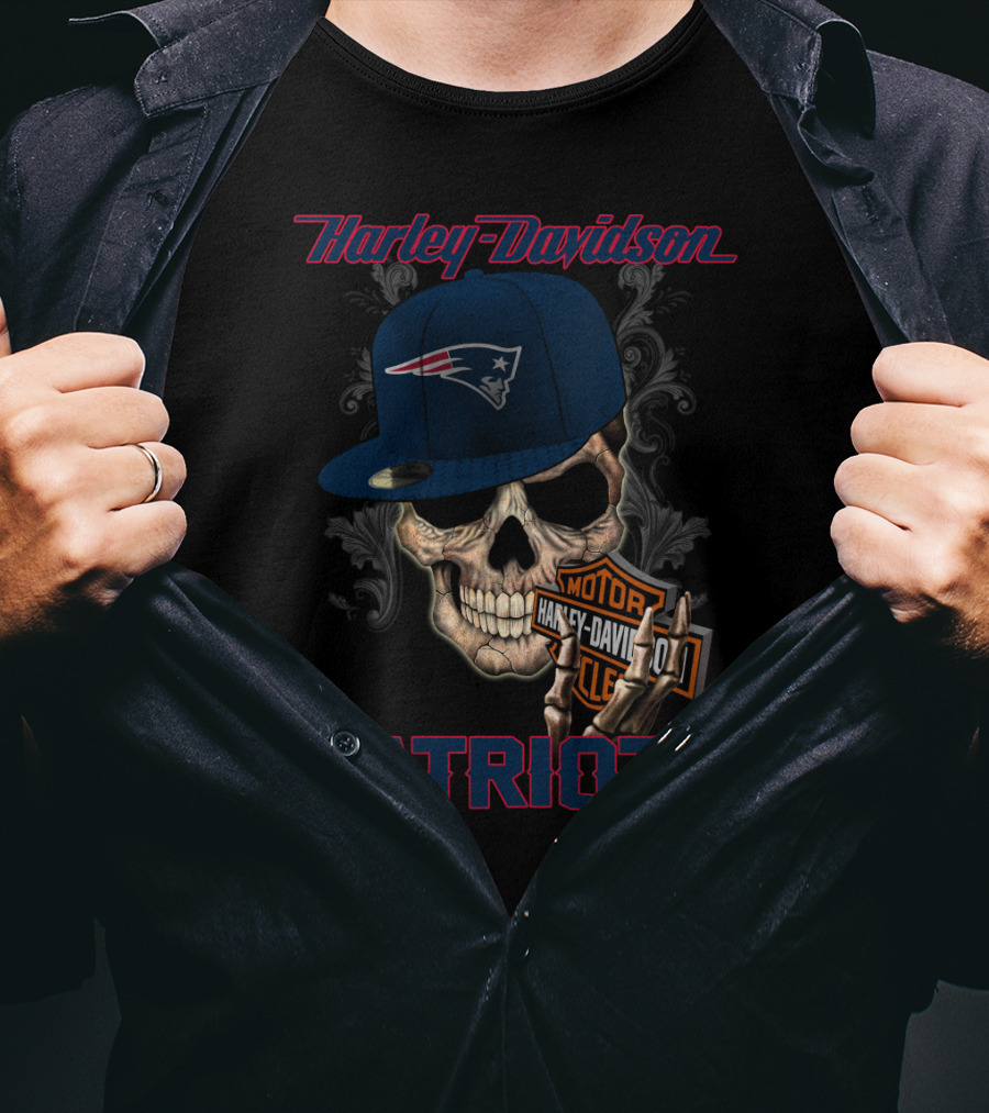 Harley Davidson Skull New England Patriots Hat T-Shirt