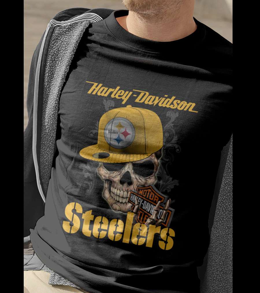 Harley Davidson Pittsburgh Steelers Skull Hat T-Shirt