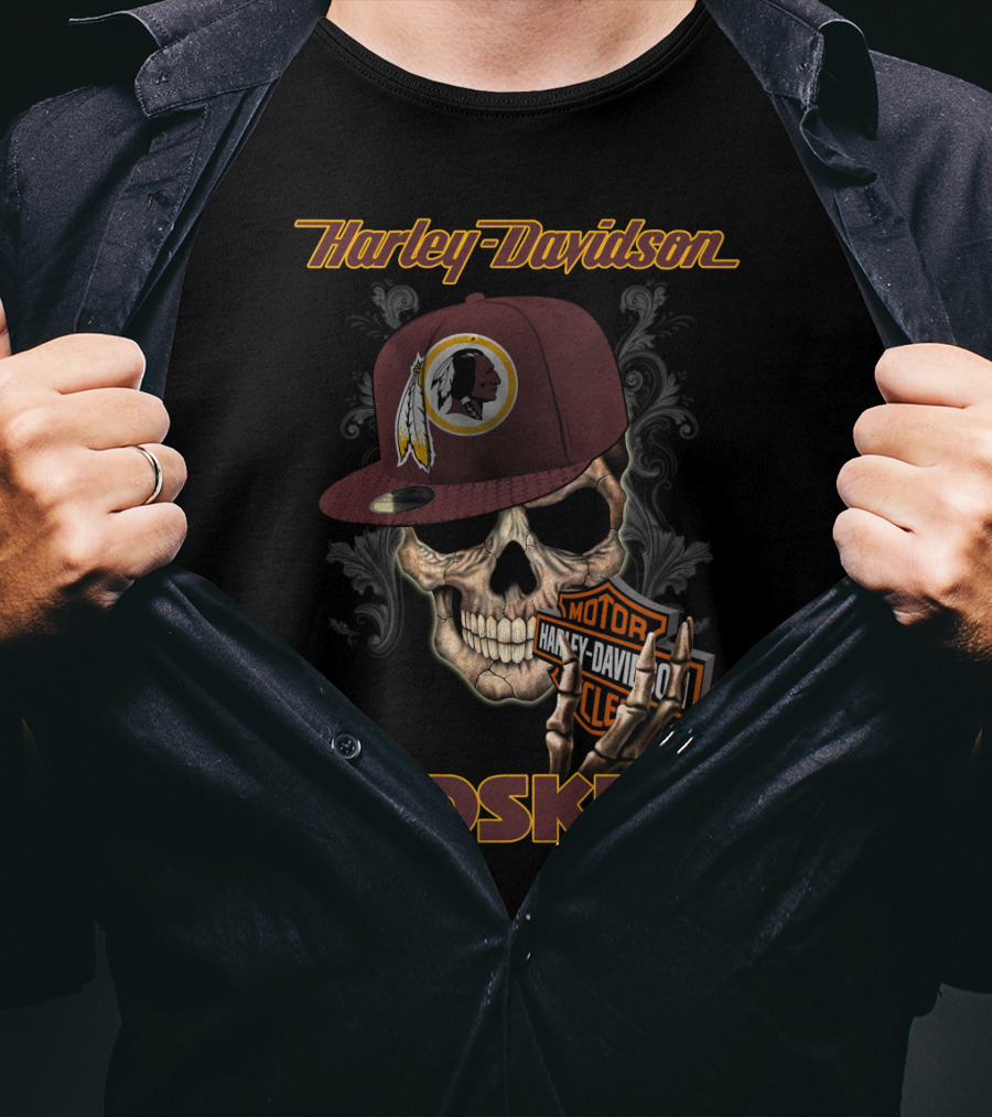 Harley Davidson Redskins Skull With Washington Redskins Cap T-Shirt