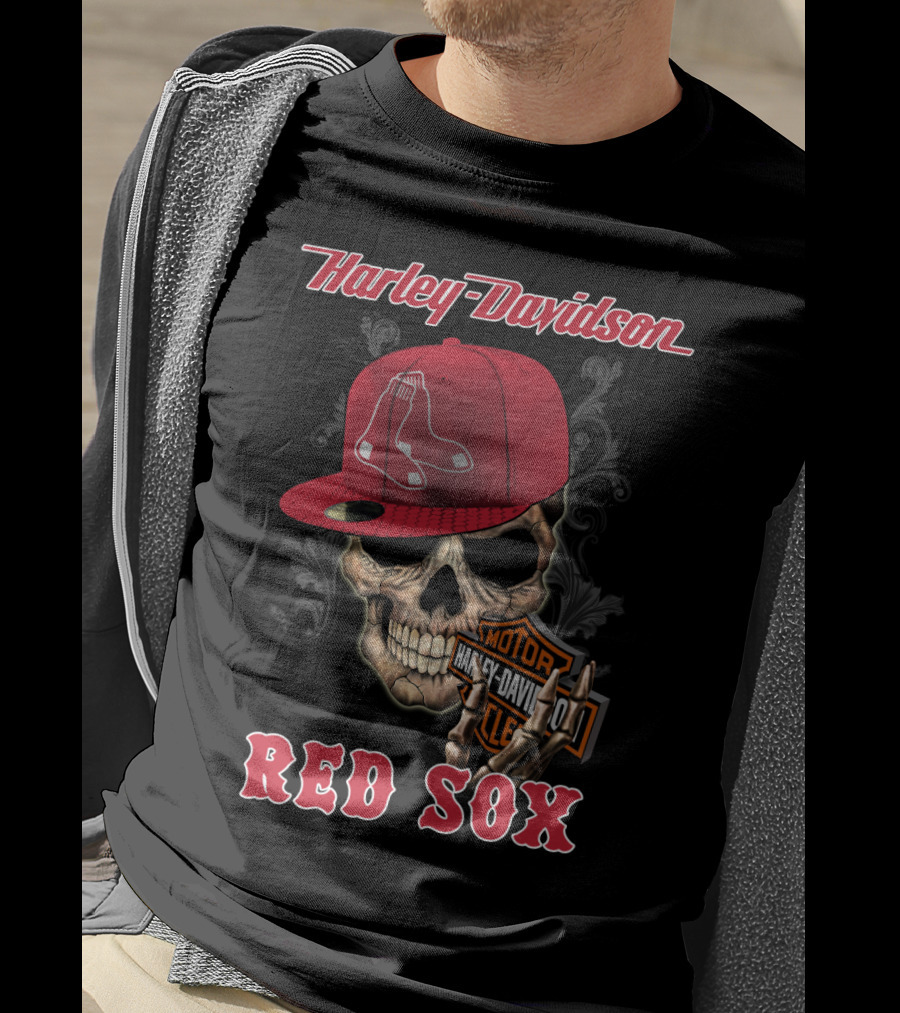 Harley Davidson Skull With Boston Red Sox Hat T-Shirt