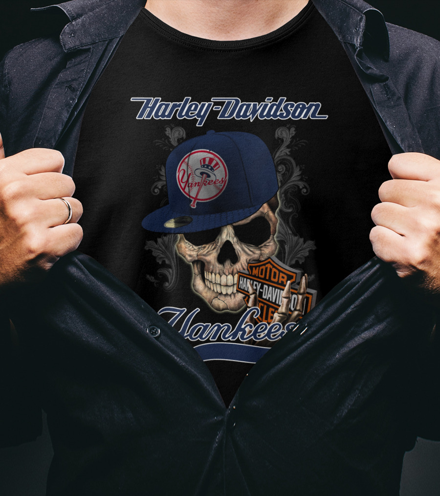 Harley Davidson Yankees Skull With New York Yankees Cap T-Shirt