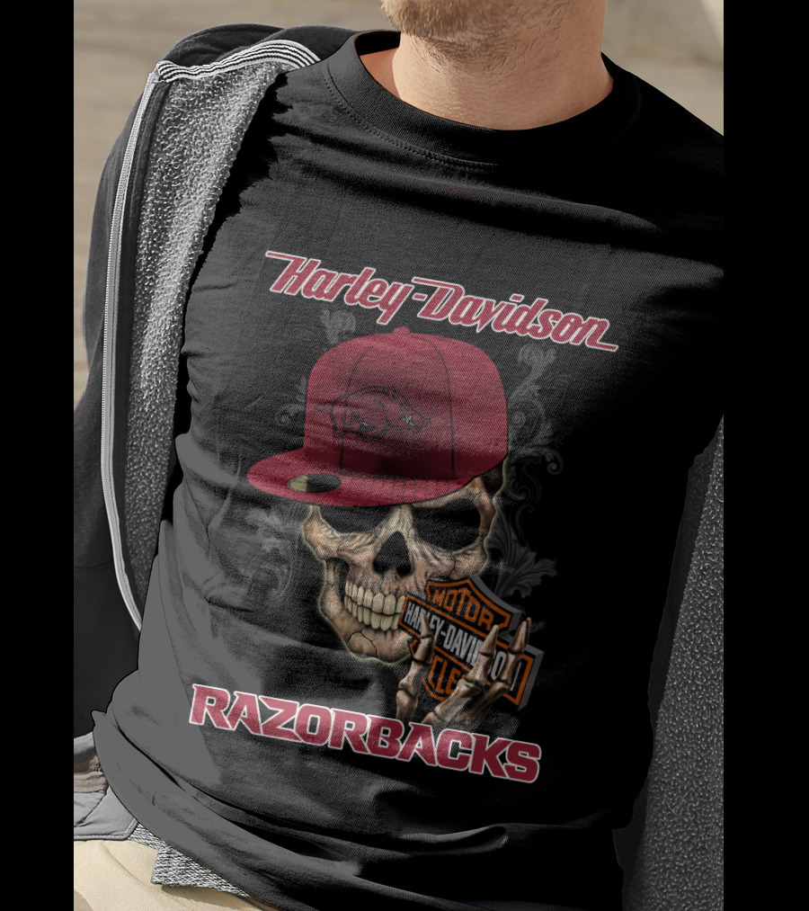 Harley Davidson Skull Arkansas Razorbacks Moto Club Hat T-Shirt