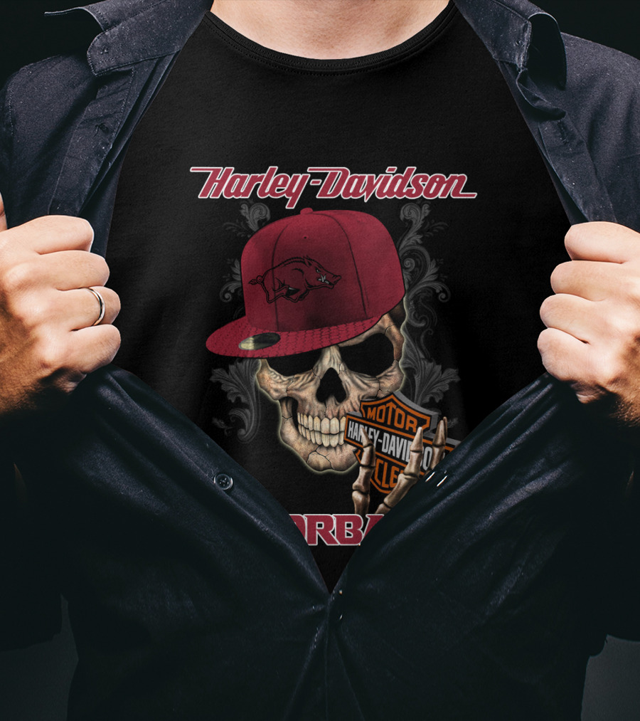 Harley Davidson Skull Arkansas Razorbacks Moto Club Hat T-Shirt