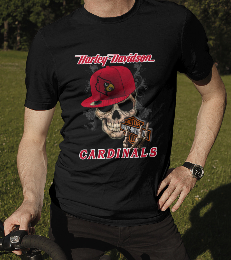Harley Davidson Skull With Louisville Cardinals Hat T-Shirt