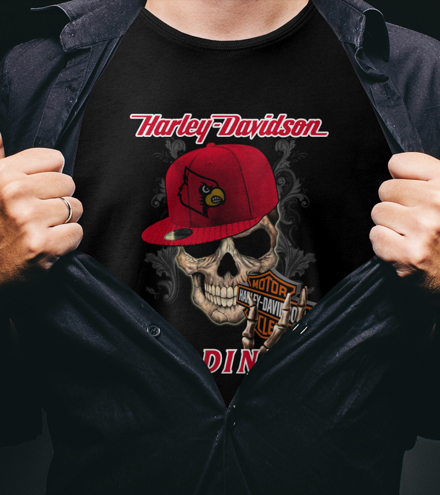 Harley Davidson Skull With Louisville Cardinals Hat T-Shirt