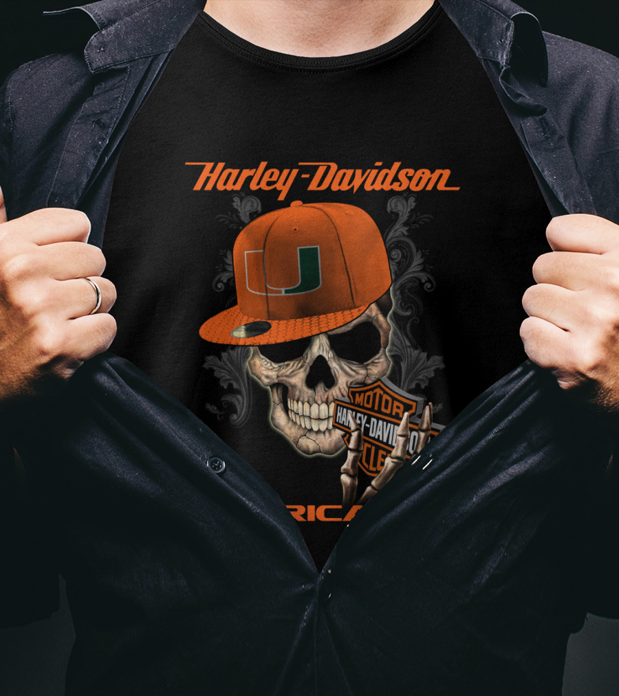 Harley Davidson Miami Hurricanes Skull With Cap T-Shirt