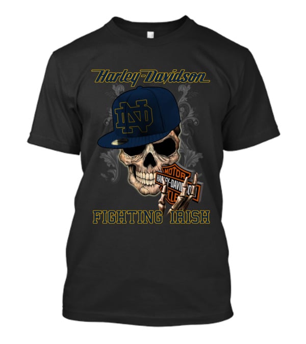 Harley Davidson Skull With Notre Dame Fighting Irish Cap T-Shirt