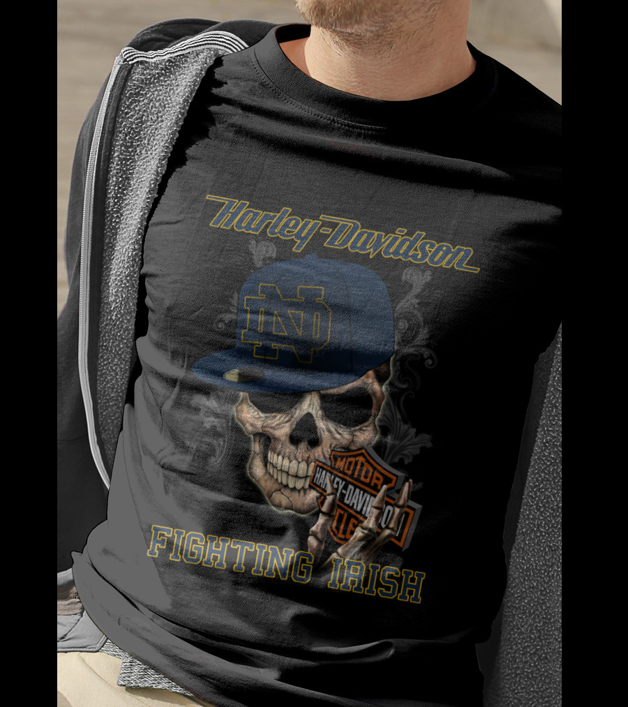 Harley Davidson Skull With Notre Dame Fighting Irish Cap T-Shirt