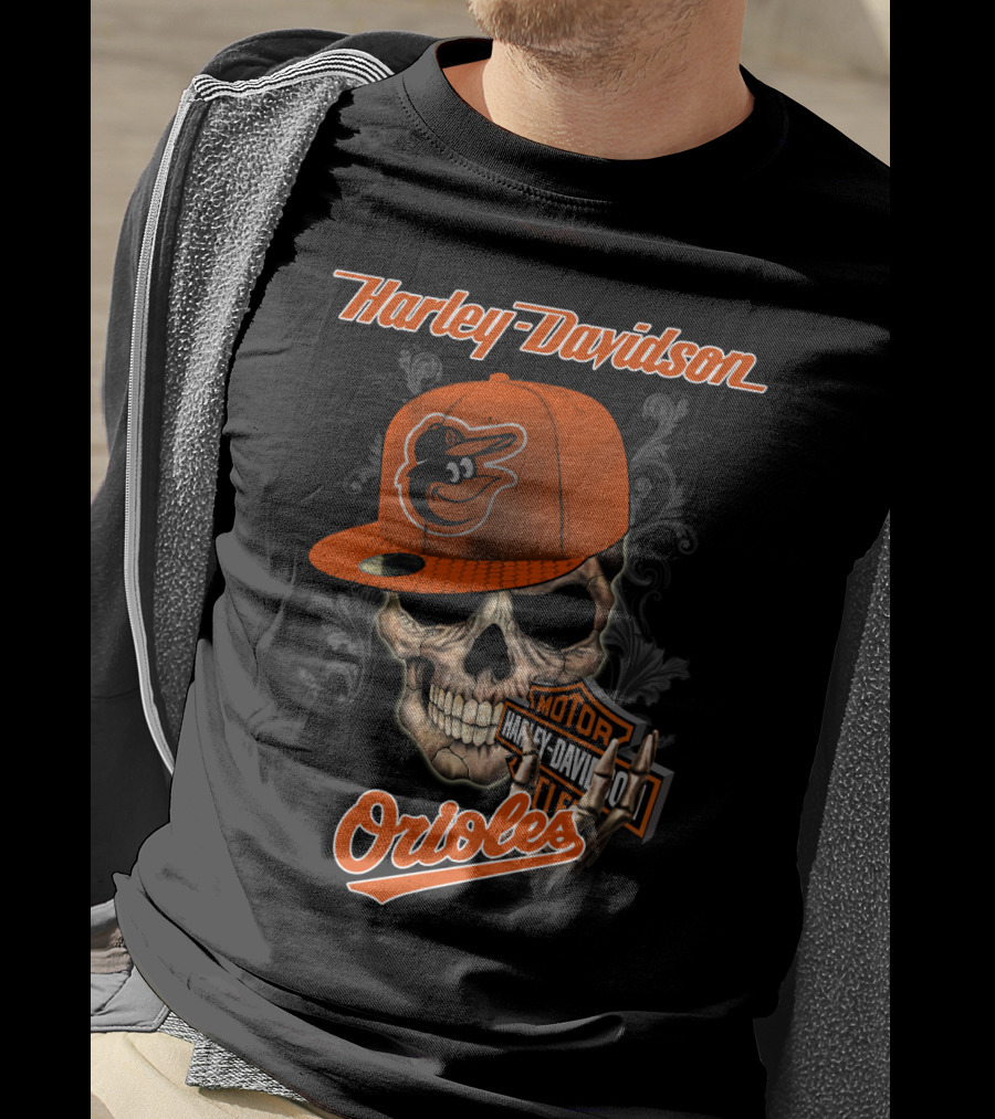 Harley Davidson Skull Wearing Baltimore Orioles Cap With Motor Badge T-Shirt