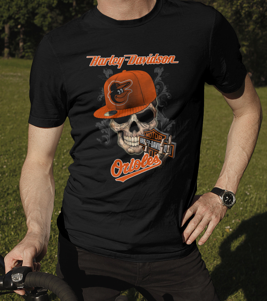Harley Davidson Skull Wearing Baltimore Orioles Cap With Motor Badge T-Shirt