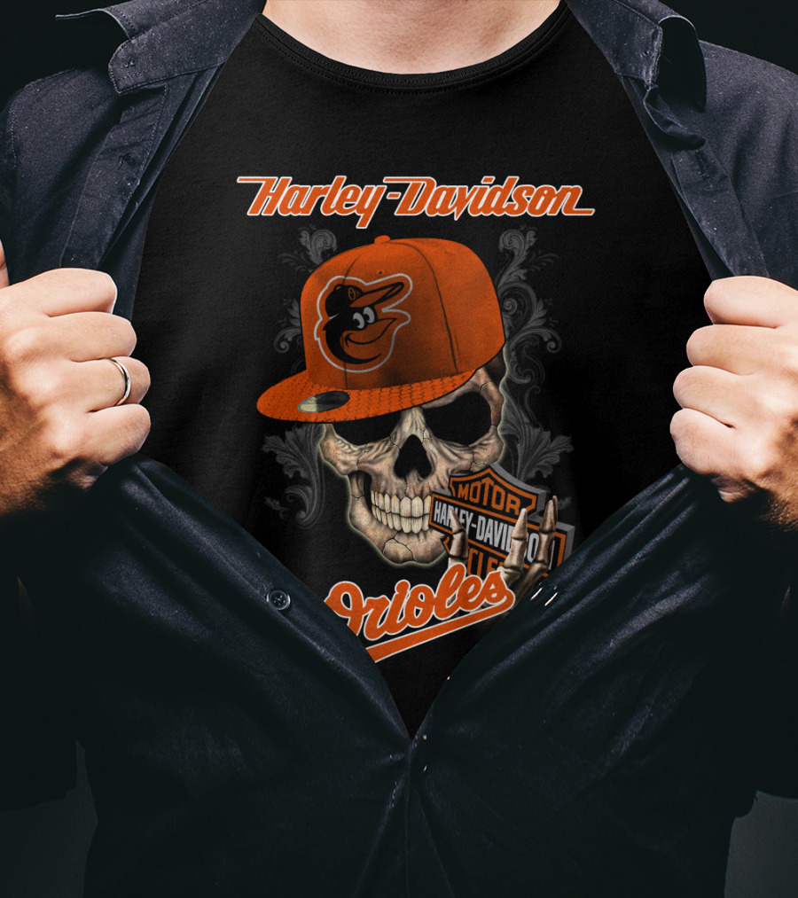 Harley Davidson Skull Wearing Baltimore Orioles Cap With Motor Badge T-Shirt