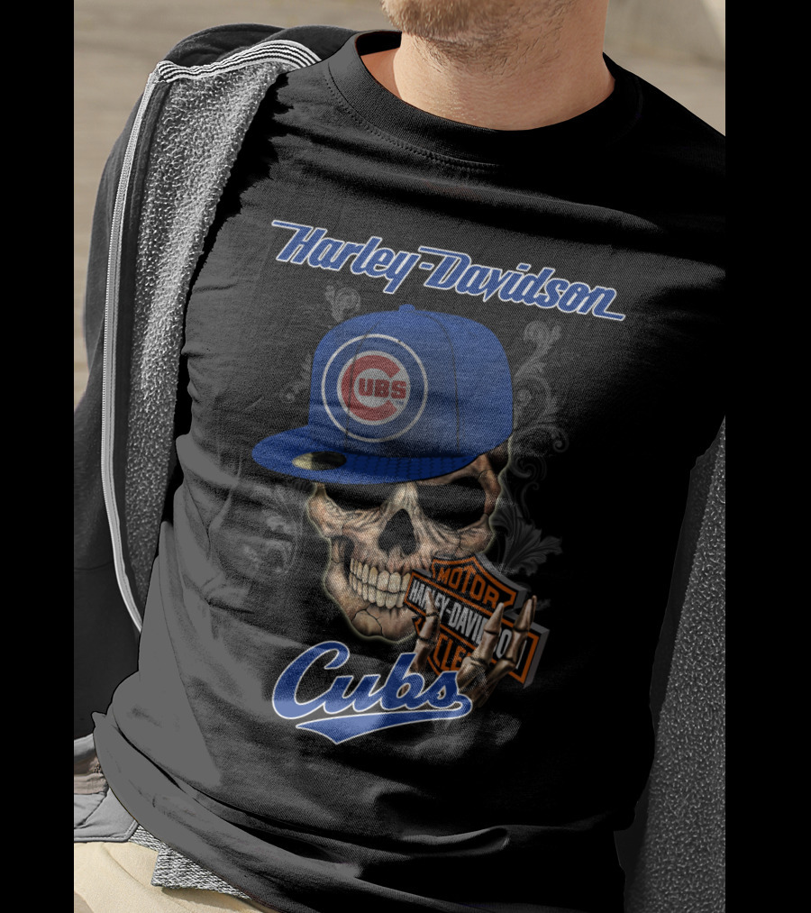 Harley Davidson Skull With Chicago Cubs Hat T-Shirt