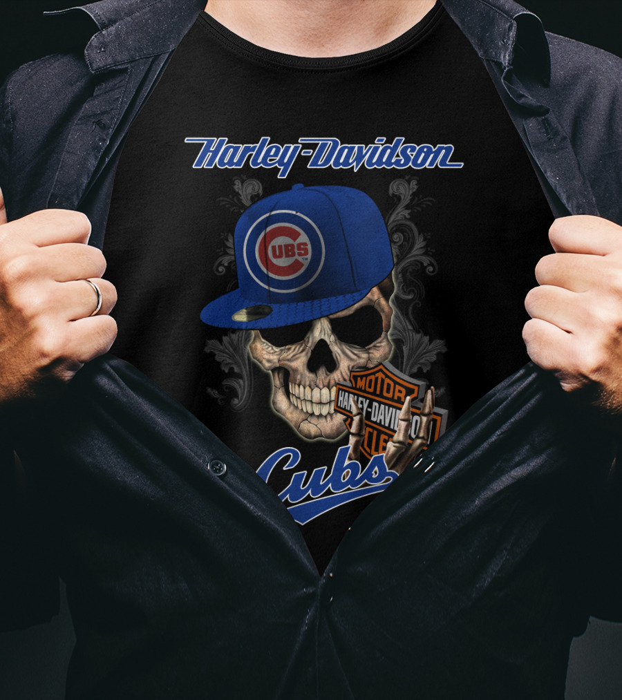 Harley Davidson Skull With Chicago Cubs Hat T-Shirt