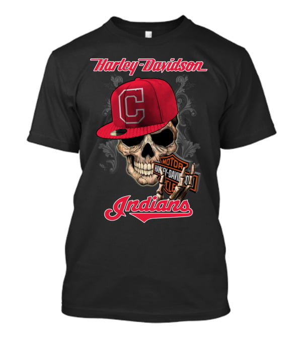Harley Davidson Skull With Cleveland Indians Cap T-Shirt