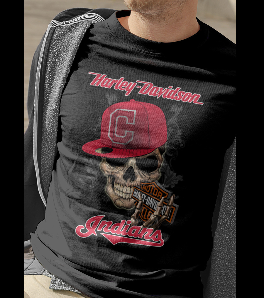 Harley Davidson Skull With Cleveland Indians Cap T-Shirt