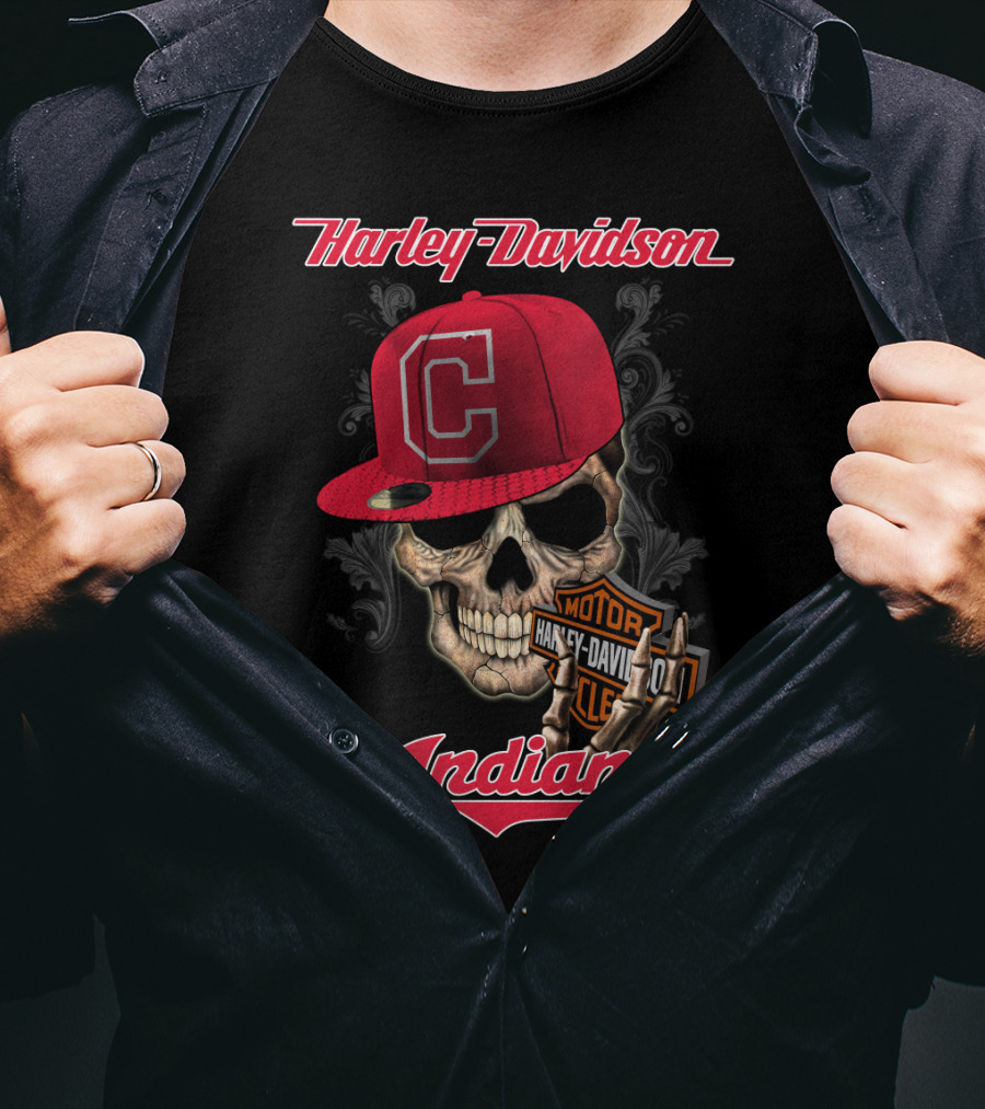 Harley Davidson Skull With Cleveland Indians Cap T-Shirt