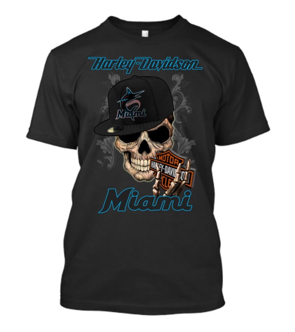 Harley Davidson Miami Skull With Miami Marlins Cap T-Shirt