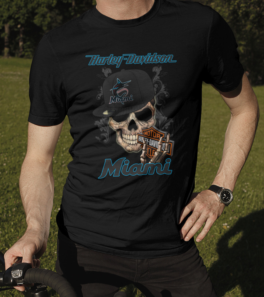 Harley Davidson Miami Skull With Miami Marlins Cap T-Shirt