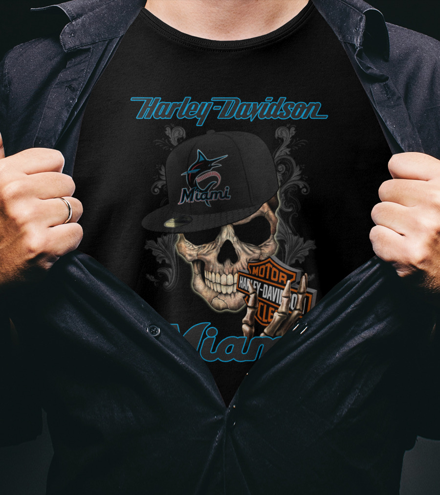 Harley Davidson Miami Skull With Miami Marlins Cap T-Shirt