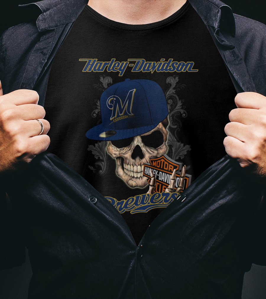 Harley Davidson Milwaukee Brewers Skull With Hat T-Shirt