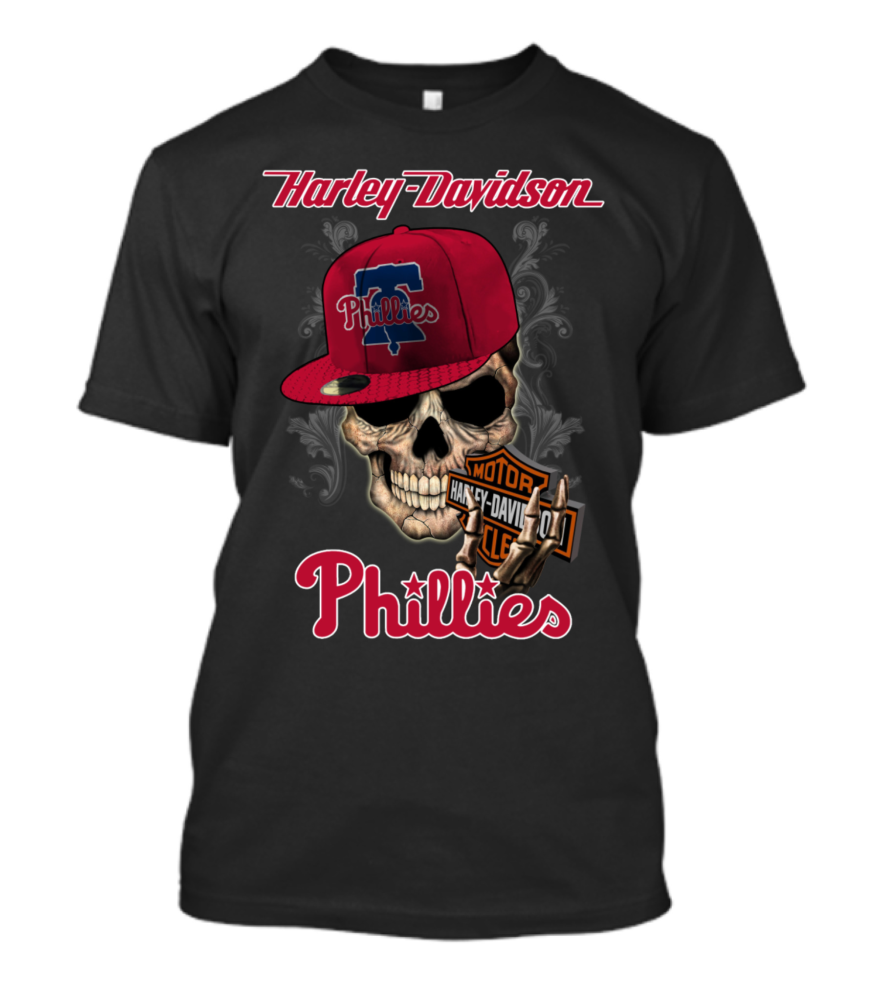 Harley Davidson Skull With Philadelphia Phillies Cap T-Shirt