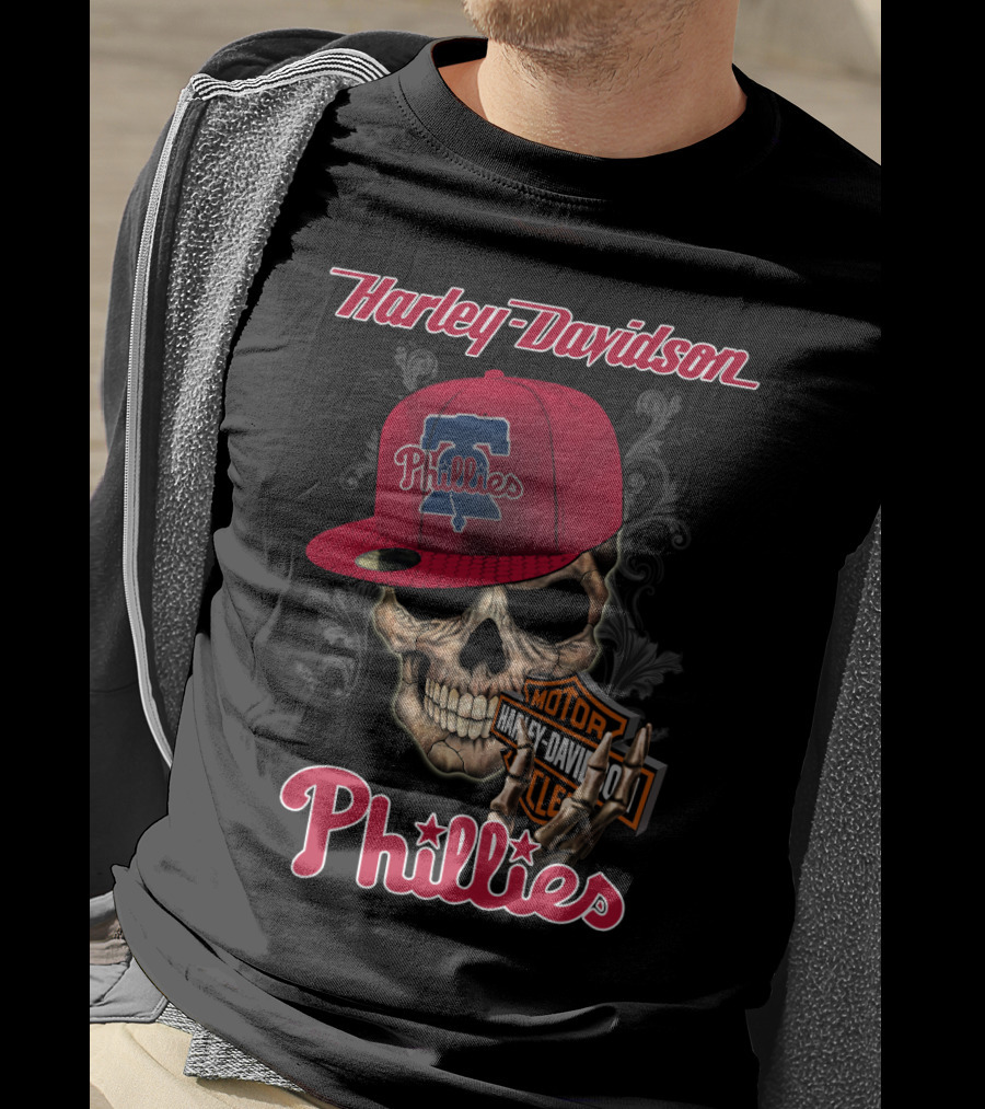 Harley Davidson Skull With Philadelphia Phillies Cap T-Shirt