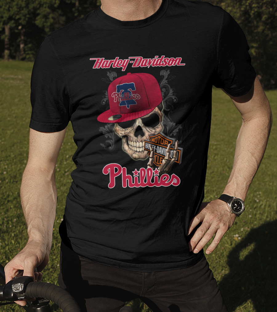Harley Davidson Skull With Philadelphia Phillies Cap T-Shirt