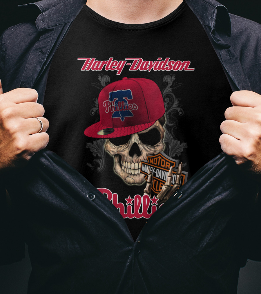 Harley Davidson Skull With Philadelphia Phillies Cap T-Shirt