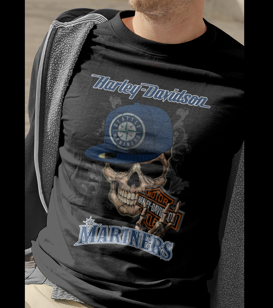Harley Davidson Skull With Seattle Mariners Cap T-Shirt