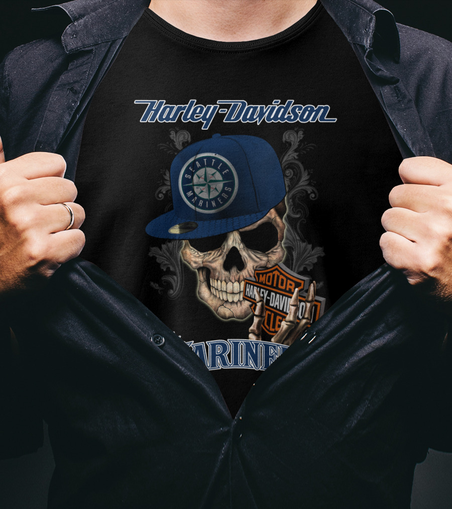 Harley Davidson Skull With Seattle Mariners Cap T-Shirt