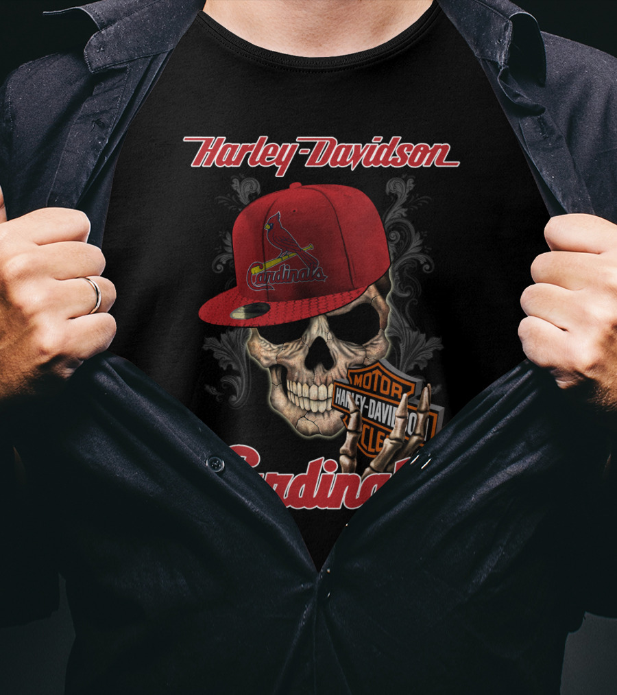Harley Davidson Skull With St Louis Cardinals Hat T-Shirt